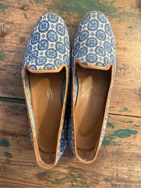 Stubbs & Wootton Blue Patterned Slip-On Loafers with Tan Trim